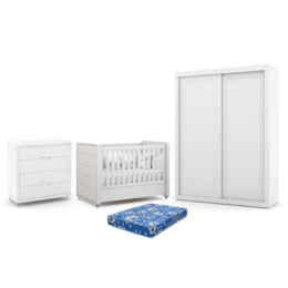 Dormitório Tutto New 2 Portas, Cômoda 4 Gavetas e Berço Branco Soft com Capitonê e Colchão Physical - Matic Móveis