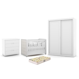 Dormitório Tutto New 2 Portas, Cômoda 4 Gavetas e Berço Branco Soft com Capitonê e Colchão Supreme - Matic Móveis