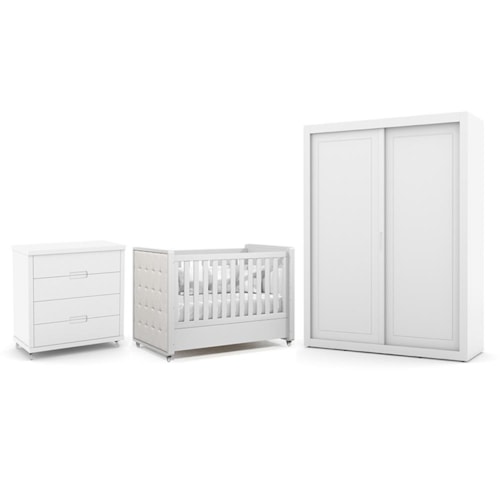 Dormitório Tutto New 2 Portas, Cômoda 4 Gavetas e Berço Branco Soft com Capitonê - Matic Móveis