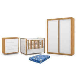 Dormitório Tutto New 2 Portas, Cômoda 4 Gavetas e Berço Branco Soft/Freijó com Capitonê e Colchão Physical - Matic Móveis Dormitório Tutto New 2 Portas, Cômoda 4 Gavetas e Berço Branco Soft/Freijó com Capitonê e Colchão Physical - Matic Móveis