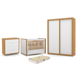 Dormitório Tutto New 2 Portas, Cômoda 4 Gavetas e Berço Branco Soft/Freijó com Capitonê e Colchão Supreme - Matic Móveis Dormitório Tutto New 2 Portas, Cômoda 4 Gavetas e Berço Branco Soft/Freijó com Capitonê e Colchão Supreme - Matic Móveis