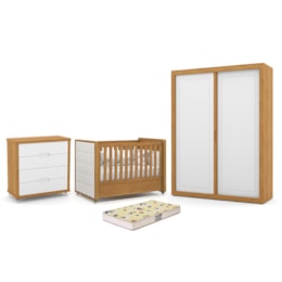 Dormitório Tutto New 2 Portas, Cômoda 4 Gavetas e Berço Freijó/Branco Soft com Capitonê e Colchão Supreme - Matic Móveis Dormitório Tutto New 2 Portas, Cômoda 4 Gavetas e Berço Freijó/Branco Soft com Capitonê e Colchão Supreme - Matic Móveis
