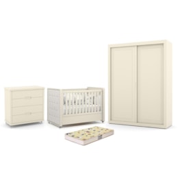 Dormitório Tutto New 2 Portas, Cômoda 4 Gavetas e Berço Off White com Capitonê e Colchão Supreme - Matic Móveis