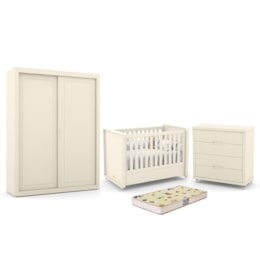 Dormitório Tutto New 2 Portas, Cômoda 4 Gavetas e Berço Off White com Colchão D18 - Matic Móveis Dormitório Tutto New 2 Portas, Cômoda 4 Gavetas e Berço Off White com Colchão D18 - Matic Móveis