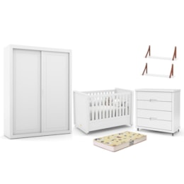 Dormitório Tutto New 2 Portas, Cômoda, Berço Branco Soft com Colchão D18 e Prateleiras - Matic Móveis   Dormitório Tutto New 2 Portas, Cômoda, Berço Branco Soft com Colchão D18 e Prateleiras - Matic Móveis
