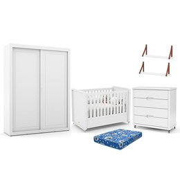 Dormitório Tutto New 2 Portas, Cômoda, Berço Branco Soft com Colchão e Prateleiras - Matic Móveis  