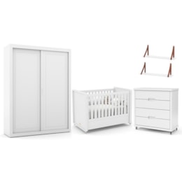Dormitório Tutto New 2 Portas, Cômoda, Berço Branco Soft e Prateleiras - Matic Móveis  Dormitório Tutto New 2 Portas, Cômoda, Berço Branco Soft e Prateleiras - Matic Móveis