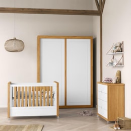 Dormitório Tutto New 2 Portas, Cômoda, Berço Branco Soft/Freijó e Prateleiras - Matic Móveis  Dormitório Tutto New 2 Portas, Cômoda, Berço Branco Soft/Freijó e Prateleiras - Matic Móveis