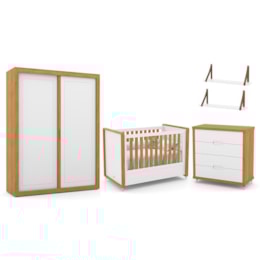 Dormitório Tutto New 2 Portas, Cômoda, Berço Branco Soft/Freijó e Prateleiras - Matic Móveis  Dormitório Tutto New 2 Portas, Cômoda, Berço Branco Soft/Freijó e Prateleiras - Matic Móveis