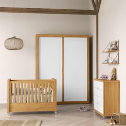 Dormitório Tutto New 2 Portas, Cômoda, Berço Freijó/Branco Soft e Prateleiras - Matic Móveis  Dormitório Tutto New 2 Portas, Cômoda, Berço Freijó/Branco Soft e Prateleiras - Matic Móveis