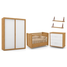 Dormitório Tutto New 2 Portas, Cômoda, Berço Freijó/Branco Soft e Prateleiras - Matic Móveis  Dormitório Tutto New 2 Portas, Cômoda, Berço Freijó/Branco Soft e Prateleiras - Matic Móveis