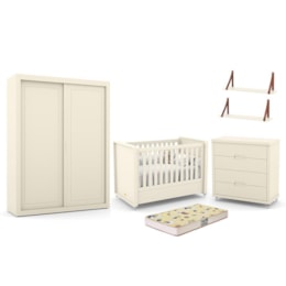 Dormitório Tutto New 2 Portas, Cômoda, Berço Off White com Colchão D18 e Prateleiras - Matic Móveis   Dormitório Tutto New 2 Portas, Cômoda, Berço Off White com Colchão D18 e Prateleiras - Matic Móveis