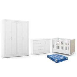Dormitório Tutto New 4 Portas, Cômoda 1 Porta, Berço Branco Soft com Capitonê e Colchão - Matic Móveis  