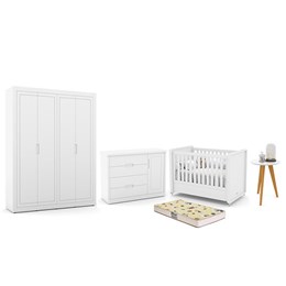 Dormitório Tutto New 4 Portas, Cômoda 1 Porta, Berço Branco Soft com Colchão D18 e Mesinha - Matic Móveis 