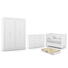 Dormitório Tutto New 4 Portas, Cômoda 1 Porta, Berço Branco Soft com Colchão D18 - Matic Móveis 