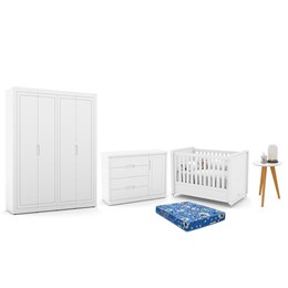 Dormitório Tutto New 4 Portas, Cômoda 1 Porta, Berço Branco Soft com Colchão e Mesinha - Matic Móveis 