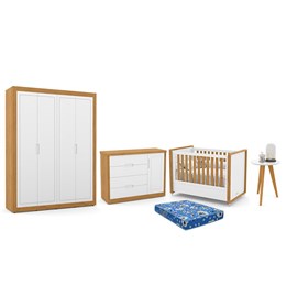 Dormitório Tutto New 4 Portas, Cômoda 1 Porta, Berço Branco Soft/Freijó com Colchão e Mesinha - Matic Móveis  