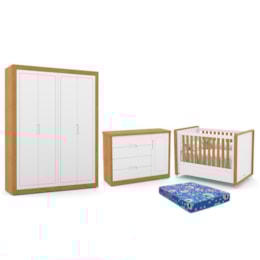 Dormitório Tutto New 4 Portas, Cômoda 1 Porta, Berço Branco Soft/Freijó com Colchão - Matic Móveis  Dormitório Tutto New 4 Portas, Cômoda 1 Porta, Berço Branco Soft/Freijó com Colchão - Matic Móveis