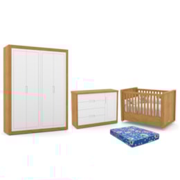 Dormitório Tutto New 4 Portas, Cômoda 1 Porta, Berço Freijó/Branco Soft com Colchão - Matic Móveis  Dormitório Tutto New 4 Portas, Cômoda 1 Porta, Berço Freijó/Branco Soft com Colchão - Matic Móveis