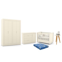 Dormitório Tutto New 4 Portas, Cômoda 1 Porta, Berço Off White com Colchão e Mesinha - Matic Móveis  