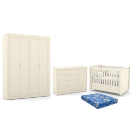 Dormitório Tutto New 4 Portas, Cômoda 1 Porta, Berço Off White com Colchão - Matic Móveis Dormitório Tutto New 4 Portas, Cômoda 1 Porta, Berço Off White com Colchão - Matic Móveis