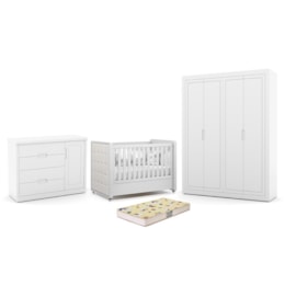 Dormitório Tutto New 4 Portas, Cômoda 1 Porta e Berço Branco Soft com Capitonê e Colchão Supreme - Matic Móveis Dormitório Tutto New 4 Portas, Cômoda 1 Porta e Berço Branco Soft com Capitonê e Colchão Supreme - Matic Móveis