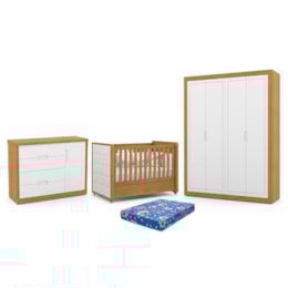 Dormitório Tutto New 4 Portas, Cômoda 1 Porta e Berço Freijó/Branco Soft com Capitonê e Colchão Physical - Matic Móveis Dormitório Tutto New 4 Portas, Cômoda 1 Porta e Berço Freijó/Branco Soft com Capitonê e Colchão Physical - Matic Móveis