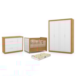 Dormitório Tutto New 4 Portas, Cômoda 1 Porta e Berço Freijó/Branco Soft com Capitonê e Colchão Supreme - Matic Móveis Dormitório Tutto New 4 Portas, Cômoda 1 Porta e Berço Freijó/Branco Soft com Capitonê e Colchão Supreme - Matic Móveis