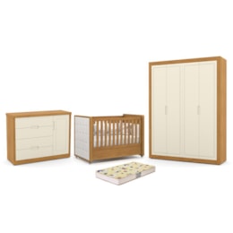 Dormitório Tutto New 4 Portas, Cômoda 1 Porta e Berço Freijó/Off White com Capitonê e Colchão Supreme - Matic Móveis Dormitório Tutto New 4 Portas, Cômoda 1 Porta e Berço Freijó/Off White com Capitonê e Colchão Supreme - Matic Móveis