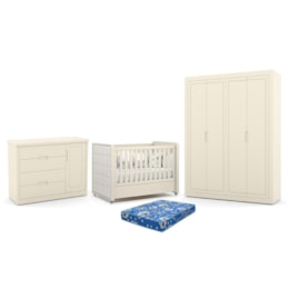 Dormitório Tutto New 4 Portas, Cômoda 1 Porta e Berço Off White com Capitonê e Colchão Physical - Matic Móveis Dormitório Tutto New 4 Portas, Cômoda 1 Porta e Berço Off White com Capitonê e Colchão Physical - Matic Móveis