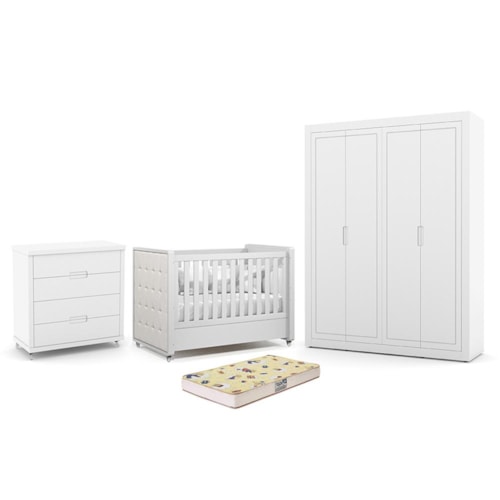 Dormitório Tutto New 4 Portas, Cômoda 4 Gavetas e Berço Branco Soft com Capitonê e Colchão Supreme - Matic Móveis