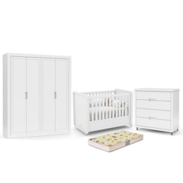 Dormitório Tutto New 4 Portas, Cômoda 4 Gavetas e Berço Branco Soft com Colchão D18 - Matic Móveis   Dormitório Tutto New 4 Portas, Cômoda 4 Gavetas e Berço Branco Soft com Colchão D18 - Matic Móveis