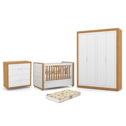 Dormitório Tutto New 4 Portas, Cômoda 4 Gavetas e Berço Branco Soft/Freijó com Capitonê e Colchão Supreme - Matic Móveis Dormitório Tutto New 4 Portas, Cômoda 4 Gavetas e Berço Branco Soft/Freijó com Capitonê e Colchão Supreme - Matic Móveis