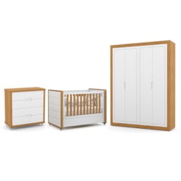 Dormitório Tutto New 4 Portas, Cômoda 4 Gavetas e Berço Branco Soft/Freijó com Capitonê - Matic Móveis Dormitório Tutto New 4 Portas, Cômoda 4 Gavetas e Berço Branco Soft/Freijó com Capitonê - Matic Móveis