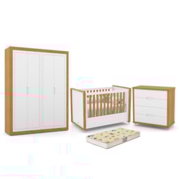 Dormitório Tutto New 4 Portas, Cômoda 4 Gavetas e Berço Branco Soft/Freijó com Colchão D18 - Matic Móveis   Dormitório Tutto New 4 Portas, Cômoda 4 Gavetas e Berço Branco Soft/Freijó com Colchão D18 - Matic Móveis