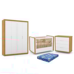 Dormitório Tutto New 4 Portas, Cômoda 4 Gavetas e Berço Branco Soft/Freijó com Colchão - Matic Móveis  Dormitório Tutto New 4 Portas, Cômoda 4 Gavetas e Berço Branco Soft/Freijó com Colchão - Matic Móveis