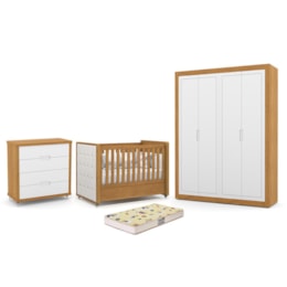 Dormitório Tutto New 4 Portas, Cômoda 4 Gavetas e Berço Freijó/Branco Soft com Capitonê e Colchão Supreme - Matic Móveis Dormitório Tutto New 4 Portas, Cômoda 4 Gavetas e Berço Freijó/Branco Soft com Capitonê e Colchão Supreme - Matic Móveis