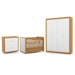 Dormitório Tutto New 4 Portas, Cômoda 4 Gavetas e Berço Freijó/Branco Soft com Capitonê - Matic Móveis Dormitório Tutto New 4 Portas, Cômoda 4 Gavetas e Berço Freijó/Branco Soft com Capitonê - Matic Móveis