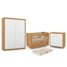 Dormitório Tutto New 4 Portas, Cômoda 4 Gavetas e Berço Freijó/Branco Soft com Colchão D18 - Matic Móveis   Dormitório Tutto New 4 Portas, Cômoda 4 Gavetas e Berço Freijó/Branco Soft com Colchão D18 - Matic Móveis