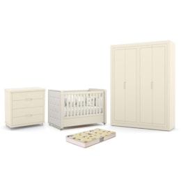 Dormitório Tutto New 4 Portas, Cômoda 4 Gavetas e Berço Off White com Capitonê e Colchão Supreme - Matic Móveis Dormitório Tutto New 4 Portas, Cômoda 4 Gavetas e Berço Off White com Capitonê e Colchão Supreme - Matic Móveis