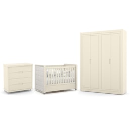 Dormitório Tutto New 4 Portas, Cômoda 4 Gavetas e Berço Off White com Capitonê - Matic Móveis Dormitório Tutto New 4 Portas, Cômoda 4 Gavetas e Berço Off White com Capitonê - Matic Móveis