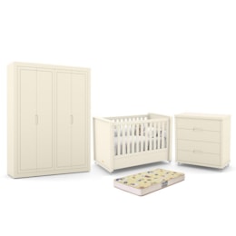 Dormitório Tutto New 4 Portas, Cômoda 4 Gavetas e Berço Off White com Colchão D18 - Matic Móveis   Dormitório Tutto New 4 Portas, Cômoda 4 Gavetas e Berço Off White com Colchão D18 - Matic Móveis