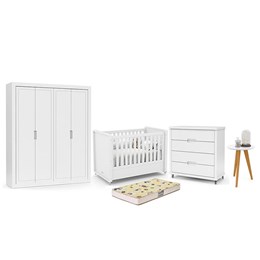 Dormitório Tutto New 4 Portas, Cômoda, Berço Branco Soft com Colchão D18 e Mesinha - Matic Móveis  
