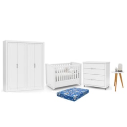 Dormitório Tutto New 4 Portas, Cômoda, Berço Branco Soft com Colchão e Mesinha - Matic Móveis   Dormitório Tutto New 4 Portas, Cômoda, Berço Branco Soft com Colchão e Mesinha - Matic Móveis