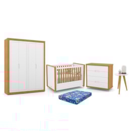 Dormitório Tutto New 4 Portas, Cômoda, Berço Branco Soft/Freijó com Colchão e Mesinha - Matic Móveis   Dormitório Tutto New 4 Portas, Cômoda, Berço Branco Soft/Freijó com Colchão e Mesinha - Matic Móveis