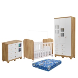 Dormitório Uli Guarda Roupa 3 Portas, Cômoda e Berço Branco Brilho/Amêndoa com Colchão Baby Physical - Móveis Peroba