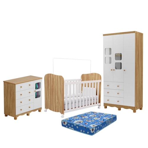 Dormitório Uli Guarda Roupa 3 Portas, Cômoda e Berço Branco Brilho/Amêndoa com Colchão Baby Physical - Móveis Peroba
