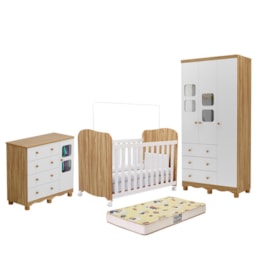 Dormitório Uli Guarda Roupa 3 Portas, Cômoda e Berço Branco Brilho/Amêndoa com Colchão Supreme - Móveis Peroba