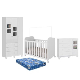 Dormitório Uli Guarda Roupa 3 Portas, Cômoda e Berço Branco Brilho com Colchão Baby Physical - Móveis Peroba