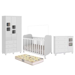 Dormitório Uli Guarda Roupa 3 Portas, Cômoda e Berço Branco Brilho com Colchão Supreme - Móveis Peroba